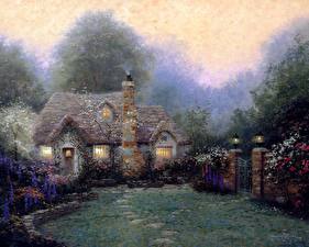 Hintergrundbilder Malerei Thomas Kinkade evening at merritts cottage