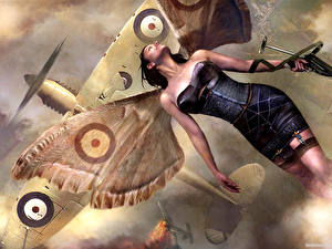 Фото Феи девушка с крыльями мотылька летит под самолетом Фантастика