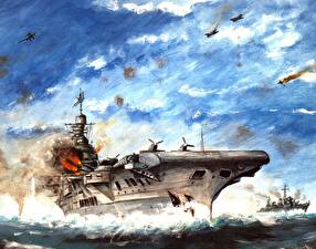 Bureaubladachtergronden Geschilderde Schepen Vliegdekschip HMS Victorious