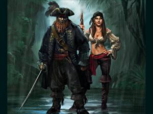 Картинка Пираты Мужчины Шляпа старый и его помощница Фэнтези Девушки