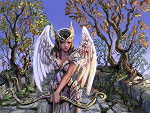 Desktop hintergrundbilder Engeln Bogenschütze Rüstung Fantasy Mädchens