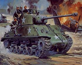 桌面壁纸，，绘制壁纸，坦克，M4雪曼戰車，M4A3E8 Sherman marines，