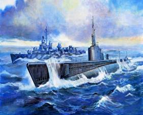 Wallpaper Painting Art Submarines Submarine class Gato (1942) Army