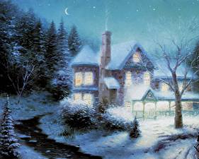 Bakgrunnsbilder Malerkunst Thomas Kinkade moonlit sleigh ride