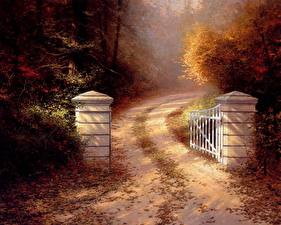 Bakgrunnsbilder Maleri Thomas Kinkade the autumn gate
