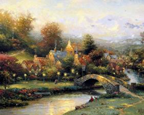 Hintergrundbilder Malerei Thomas Kinkade lamplight village