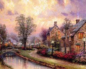 Wallpaper Pictorial art Thomas Kinkade  the brooke windermer and cottage row at dusk