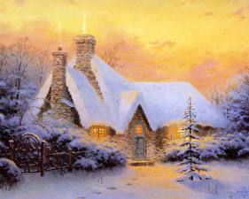 Fonds d'écran Peinture Thomas Kinkade christmas tree cottage