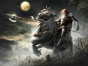 Bakgrundsbilder på skrivbordet Krigare Häst Rustning Månen Fantasy