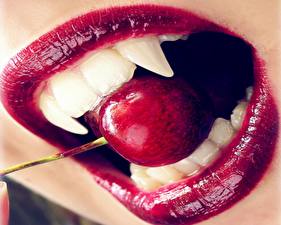 Bureaubladachtergronden Hoektanden Kers fruit Lippen Vampieren Tanden