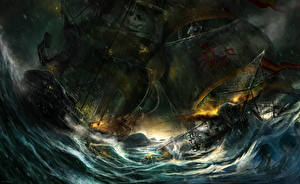 桌面壁纸，，海盗，船，帆，奇幻作品