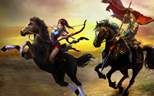 Картинка Воин Лучники Лошадь С копьем Фэнтези