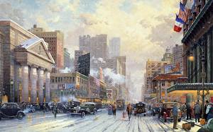 Bureaubladachtergronden Schilderkunst Thomas Kinkade New York, snow on seventh avenue
