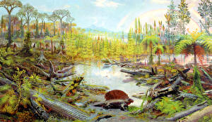 Tapety na pulpit Starożytne zwierzęta Dinozaur Marsh with a double rainbow