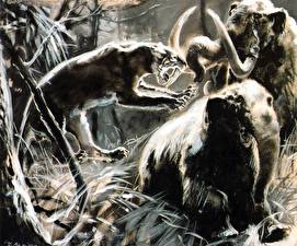 Papel de Parede Desktop nimais antigos Mamute Reindeer & Mammoth hunters Animalia