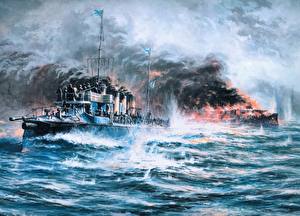 Фото Рисованные Корабли Миноносец Буйный в Цусимском бою военные