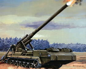 Pictures Painting Art Self-propelled gun Firing military