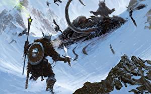 Картинка The Elder Scrolls Скайрим Мамонты борьба за тушу мамонта Игры