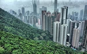 Bureaubladachtergronden China Hongkong Wolkenkrabbers Huizen Megalopolis Bovenaanzicht een stad