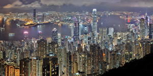 Bakgrunnsbilder Kina Hongkong Skyskrapere Bygninger Megalopolis Ovenfra byen