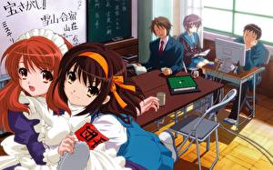 Bakgrundsbilder på skrivbordet Haruhi Suzumiya Tonåring pojke Anime Unga_kvinnor