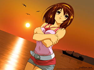 Hintergrundbilder The Melancholy of Haruhi Suzumiya Anime Mädchens