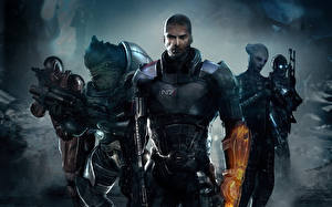Картинки Mass Effect Mass Effect 3 Коммандер Шепард, Грант, кроган, Лиара Т’Сони, азари компьютерная игра