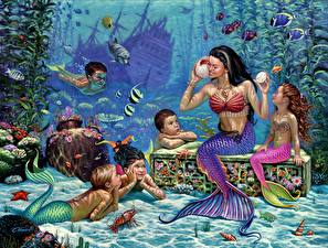 桌面壁纸，，美人魚，海底世界，奇幻作品，女孩