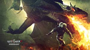 Fonds d'écran The Witcher Geralt de Riv Feu Dragon jeu vidéo Fantasy