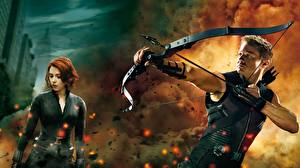 Bakgrunnsbilder The Avengers Jeremy Renner Scarlett Johansson Bueskyttere Bue våpen Film