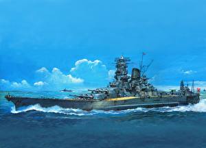 Обои Рисованные Корабли MUSASHI TAMIYA  военные