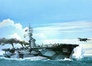 デスクトップの壁紙、、描かれた壁紙、船、空母、USS GAMBIER BAY ( CVE - 73 ) 、