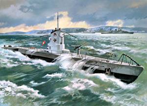 デスクトップの壁紙、、描かれた壁紙、潜水艦、U - boat Type 2B ( 1939 )、陸軍