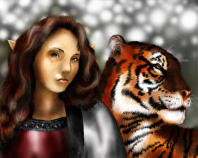 Картинки Эльф Девушка-эльф и ее боевой тигр Фантастика Девушки