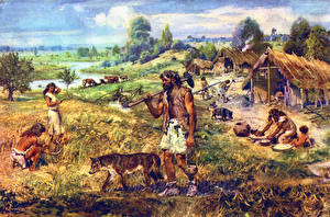 Desktop hintergrundbilder Gemälde Zdenek Burian A neolithic settlement
