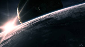 Фотографии Поверхность планеты луч солнца на горизонте