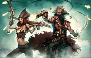 Bakgrundsbilder på skrivbordet En pirat Män Pistol Fantasy Unga_kvinnor