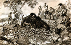 桌面壁纸，，绘画，Zdenek Burian，猛犸象，Hunting the mammoth，