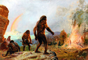 桌面壁纸，，绘画，Zdenek Burian，Neanderthal fire & rainbow，