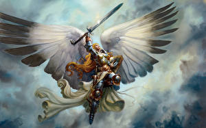 Hintergrundbilder Engeln Schwert Rüstung Flügel  Fantasy Mädchens