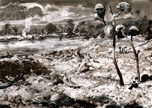 桌面壁纸，，绘画，Zdenek Burian，The encampment in ngandong，