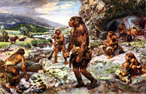 Bakgrundsbilder på skrivbordet Målarkonst Zdenek Burian The neanderthal encampment