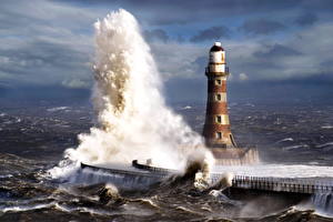 Image Coast Lighthouses Waves Roker Pier England Nature