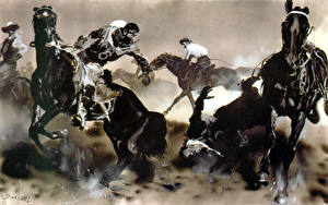 桌面壁纸，，绘画，Zdenek Burian，Northern star horses，