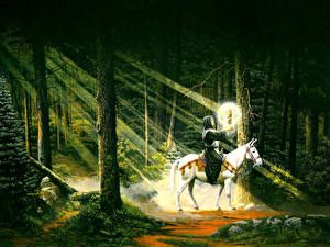 Images Horses Forests Mage wizard Fantasy