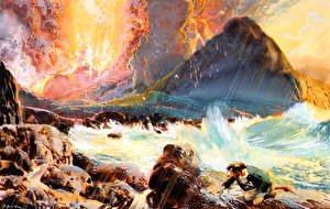 桌面壁纸，，绘画，Zdenek Burian，Robinson crusoe volcanoe，
