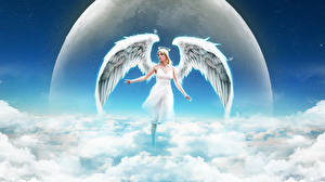 Картинки Ангелы Крылья в облаках Фантастика Девушки