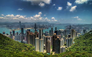Bureaubladachtergronden China Hongkong Wolkenkrabber Huizen Hemelgewelf Megalopolis Van bovenaf een stad