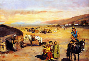 桌面壁纸，，绘画，Zdenek Burian，On the mongolian steppe，