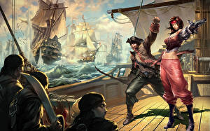 Bakgrundsbilder på skrivbordet Pirater Fartyg Segelfartyg Fantasy Unga_kvinnor